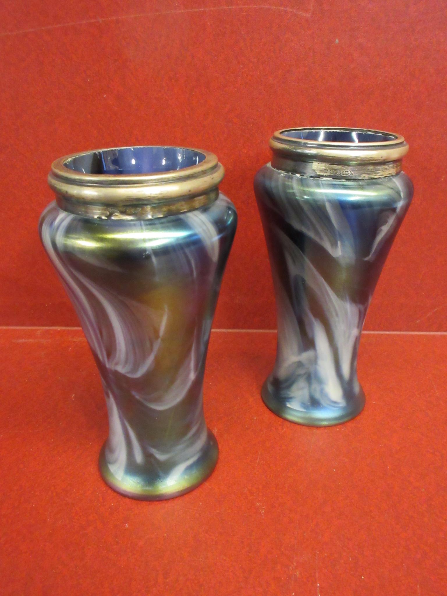 PAIR OF SILVER RIMMED IRIDESCENT GLASS VASES Image