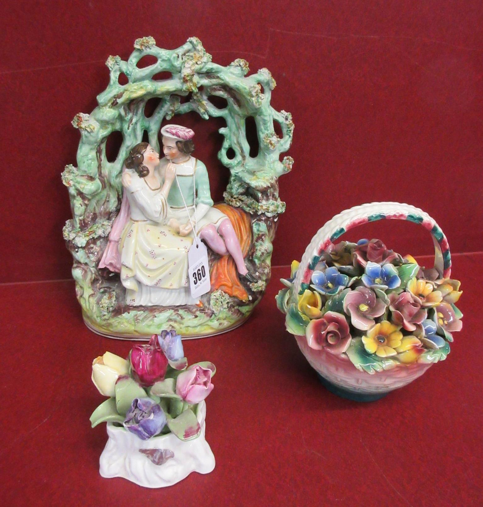 LADY AND GENTLEMAN CHINA FIGURES AND TWO POT FLOWER ORNAMENTS Image