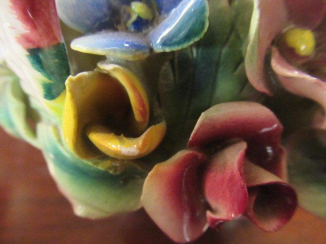 LADY AND GENTLEMAN CHINA FIGURES AND TWO POT FLOWER ORNAMENTS Image