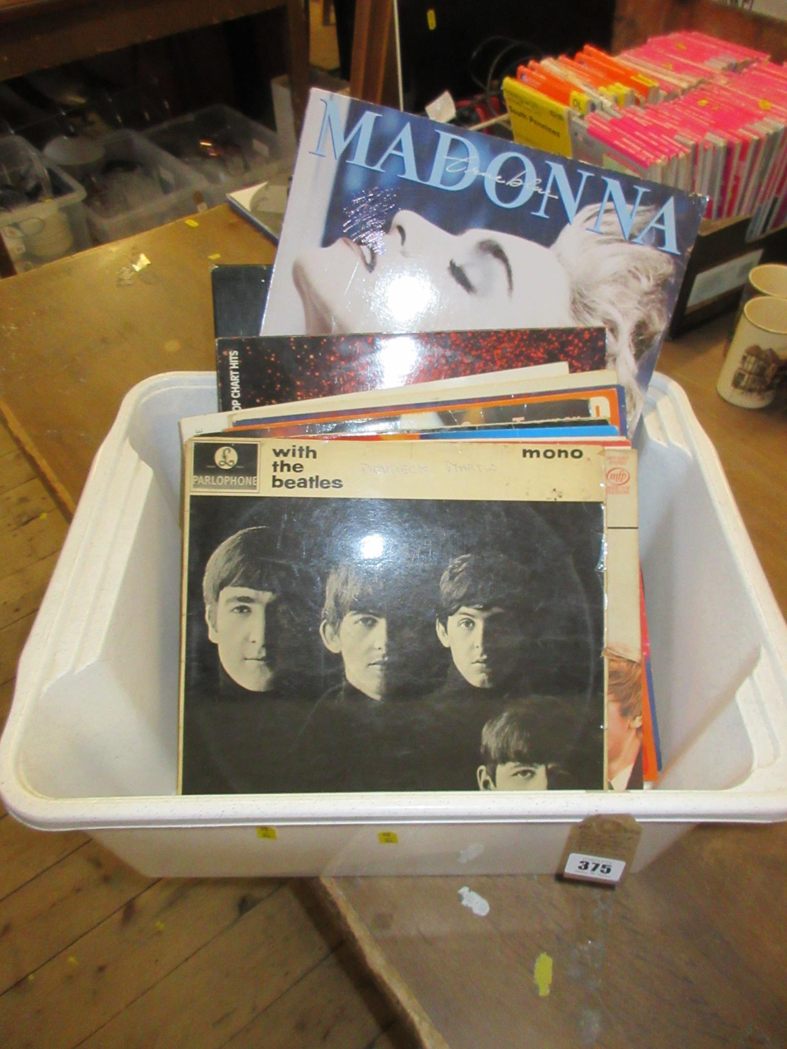 BOX OF LP RECORDS INCLUDING BEATLES, ELVIS AND MADONNA Image
