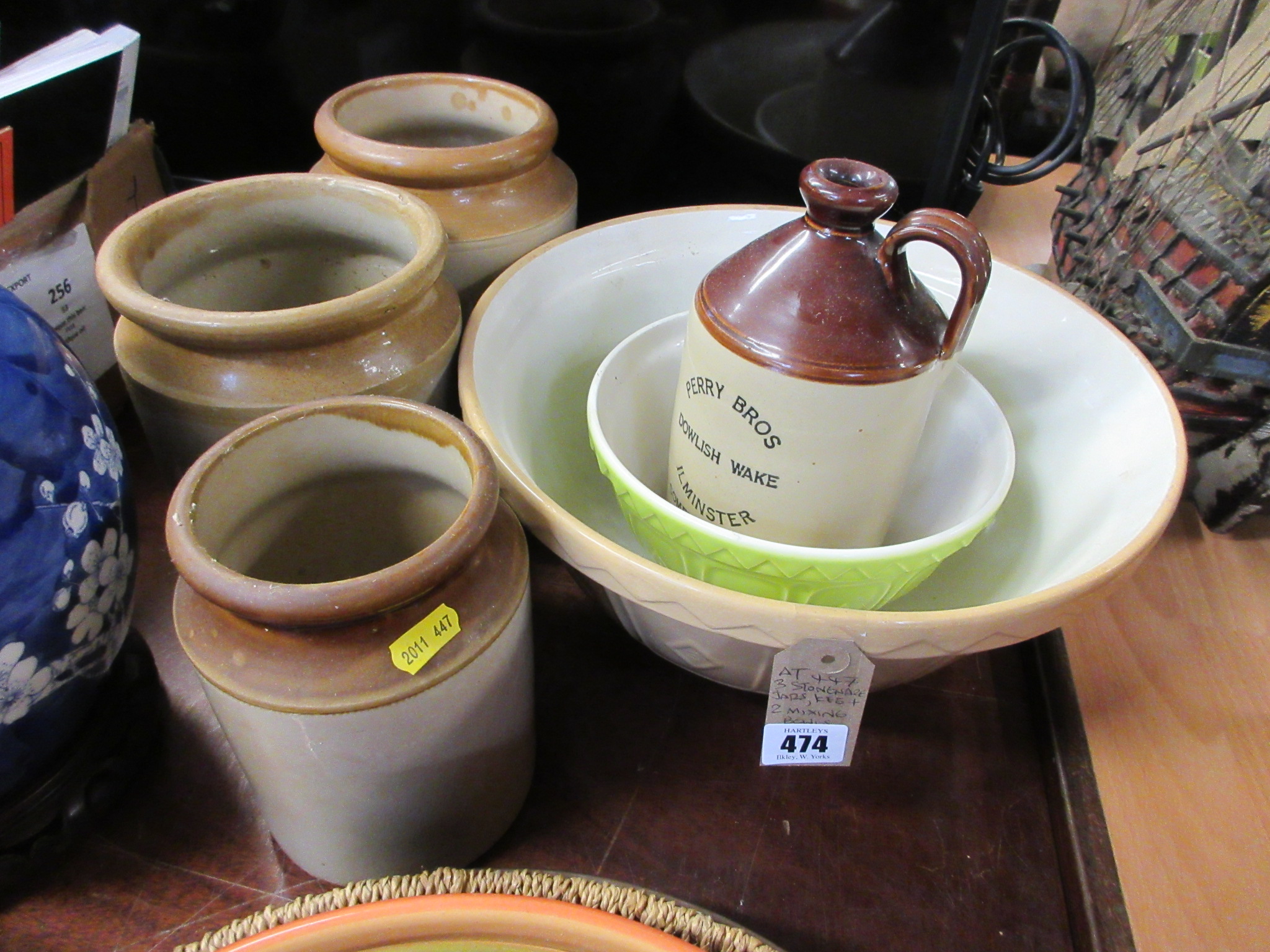 THREE STONEWARE JARS WITH KEG AND TWO MIXING BOWLS Image