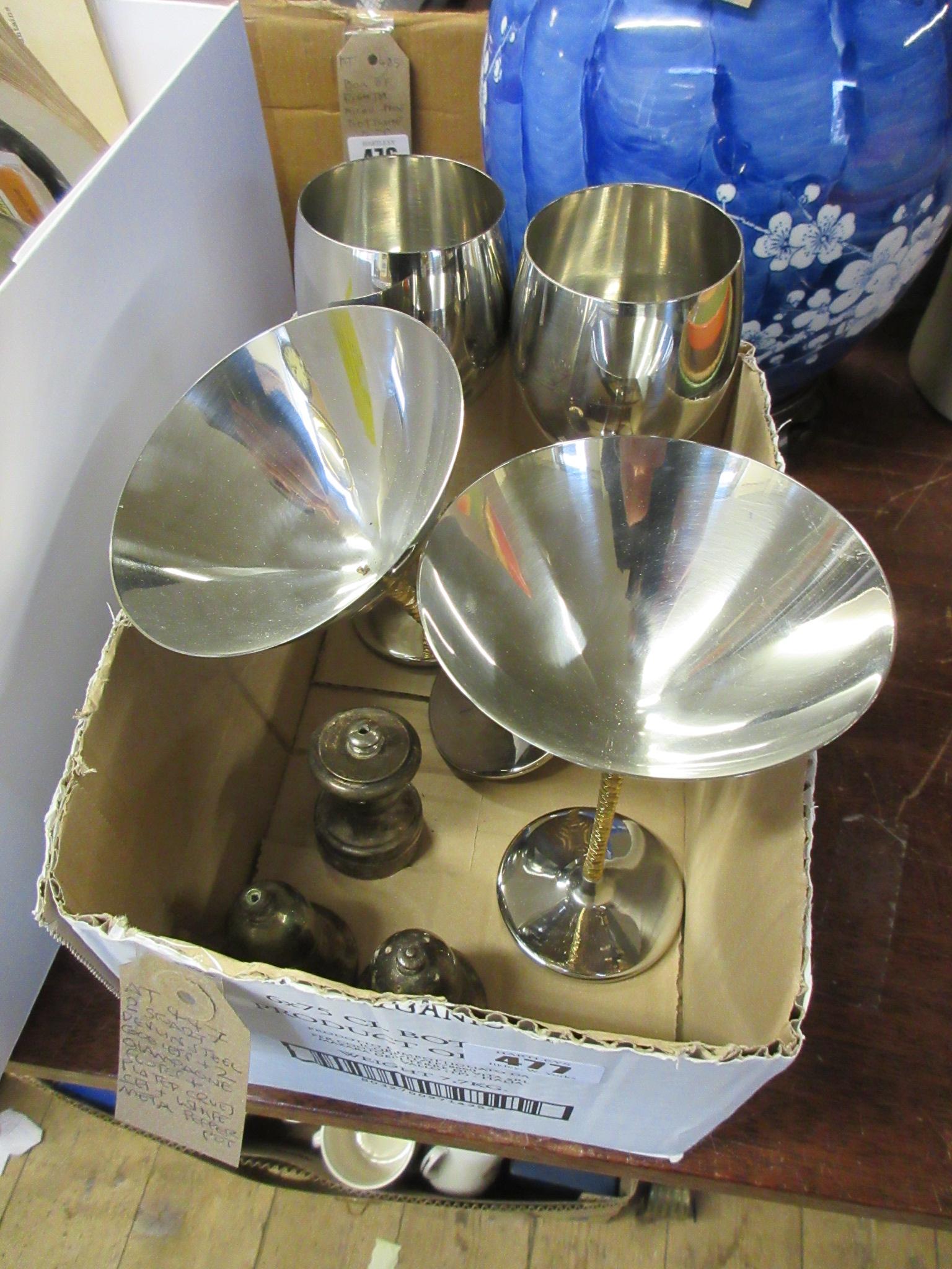 TWO STUART DEVLIN STEEL GOBLETS WITH TWO CHAMPAGNE FLUTES EPNS CRUET SET ETC Image