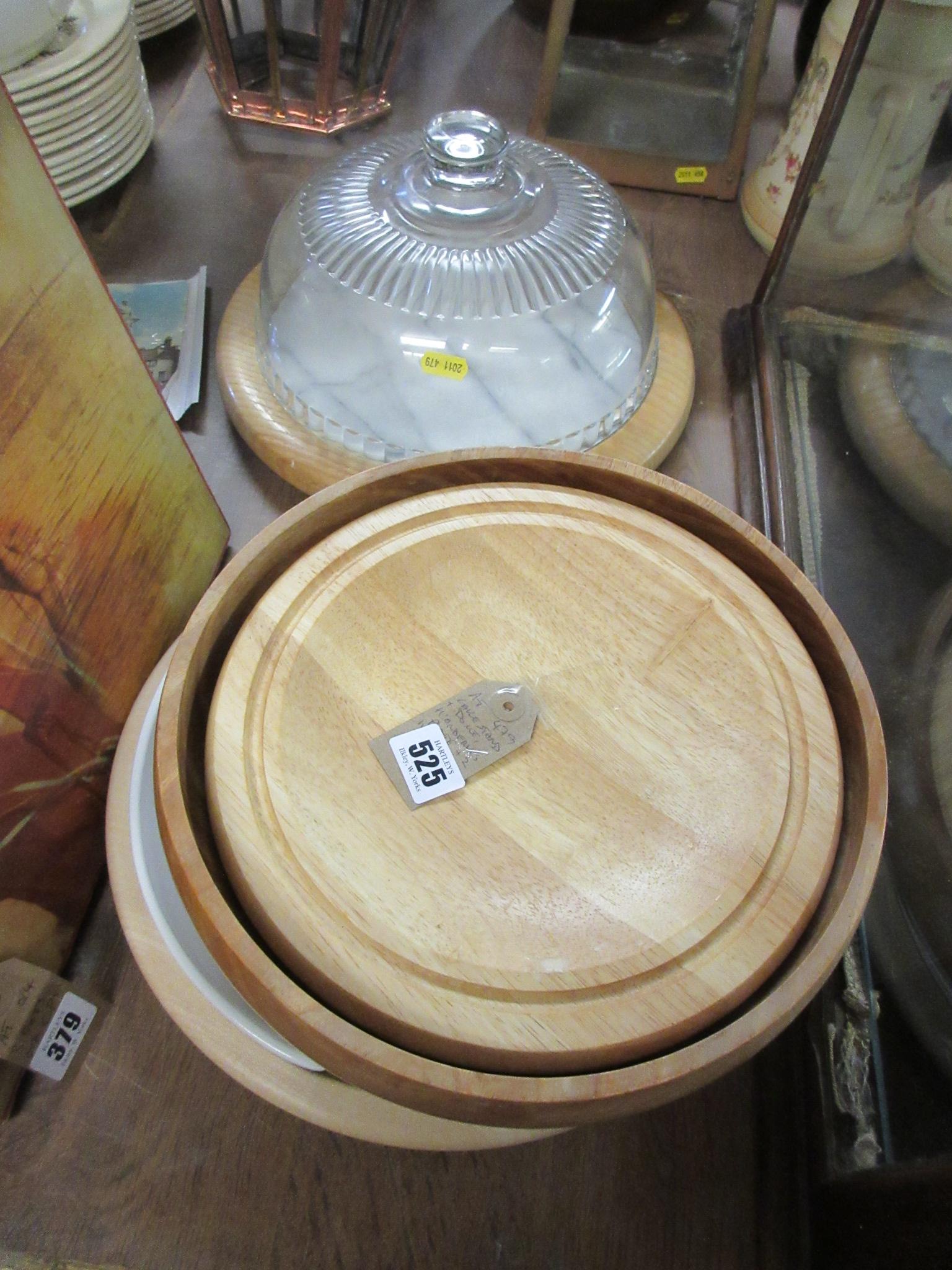 CAKE STAND AND DOME WITH HORS D'OEUVRES PLATE AND TWO WOODEN DISHES Image