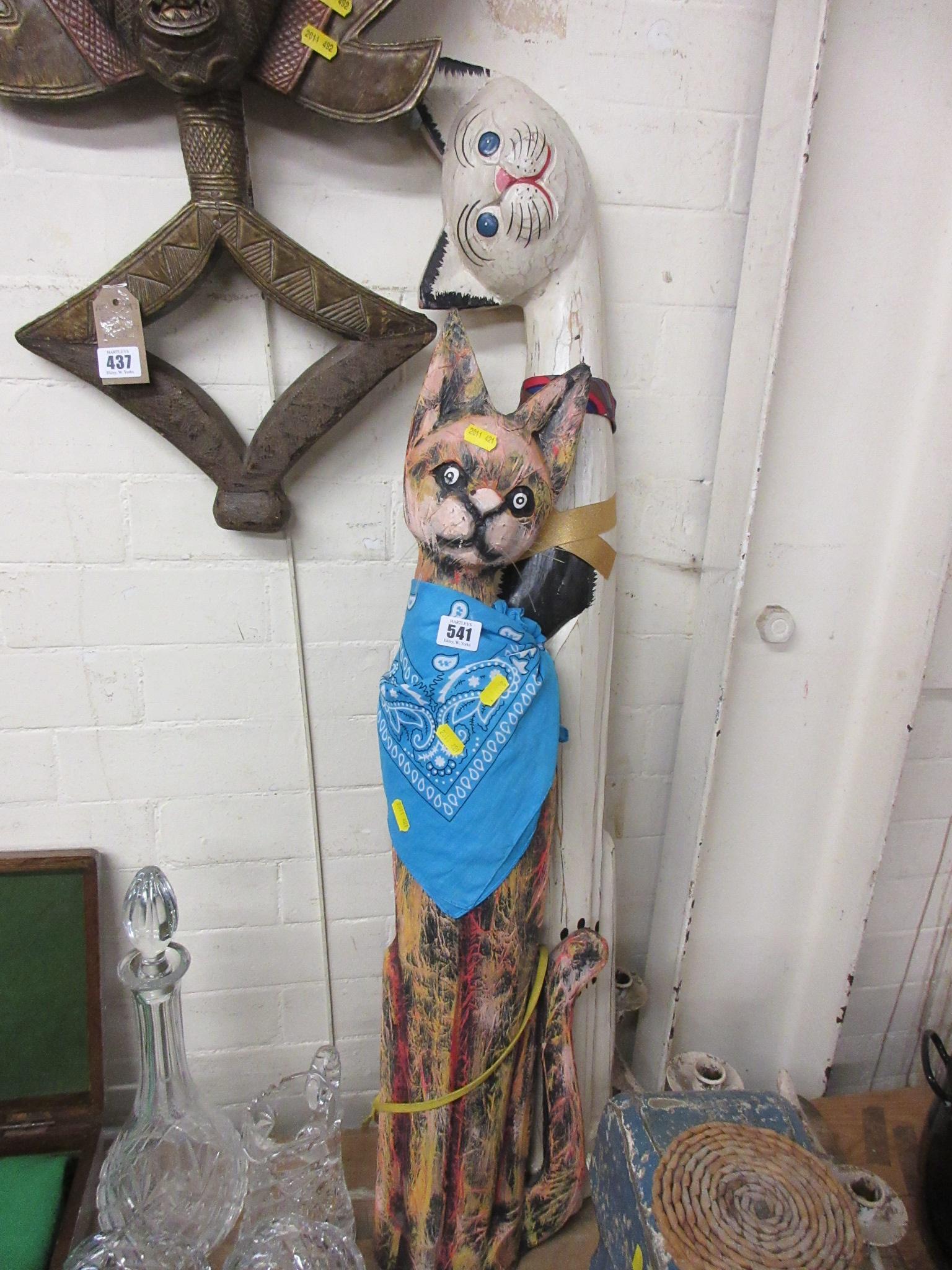 TWO LARGE WOODEN CAT ORNAMENTS Image