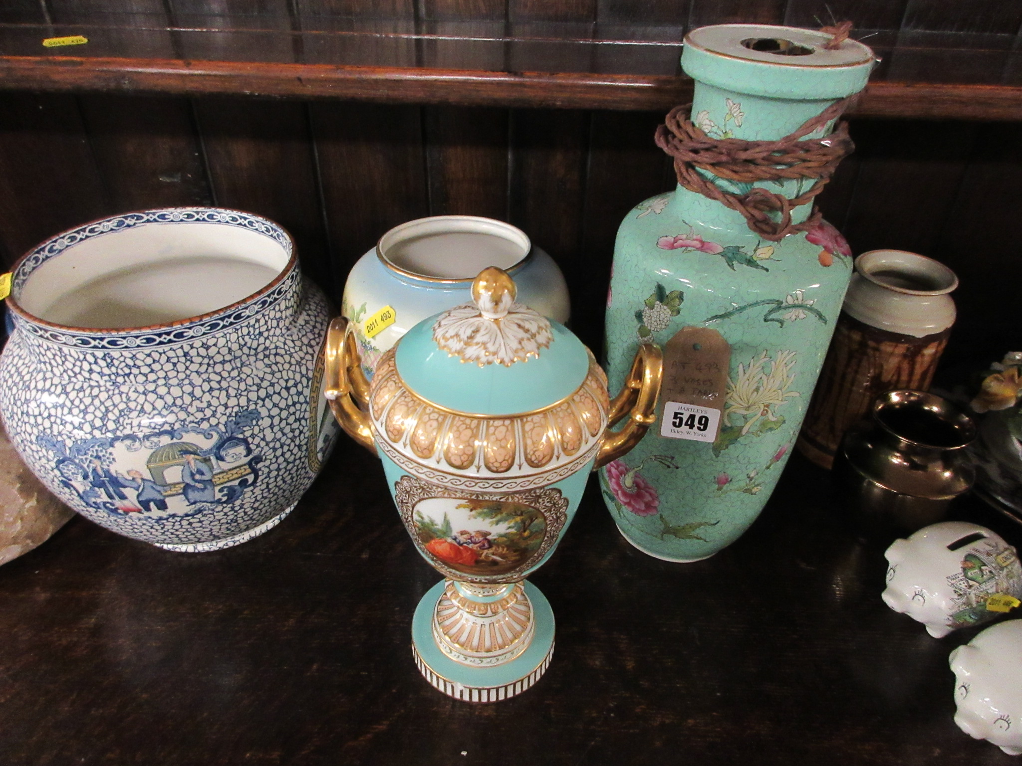 A VIENNA PORCELAIN VASE AND COVER TOGETHER WITH TWO VASES AND A LAMP Image