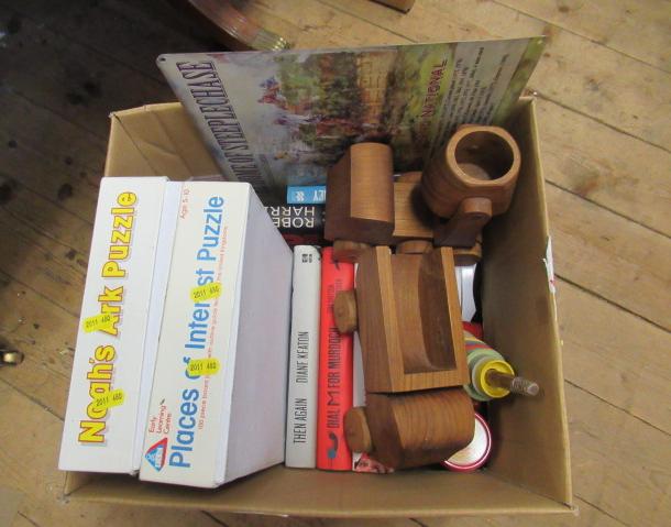 BOX OF TOYS, BOOKS, WOODEN TRUCKS AND GRAND NATIONAL SIGN Image