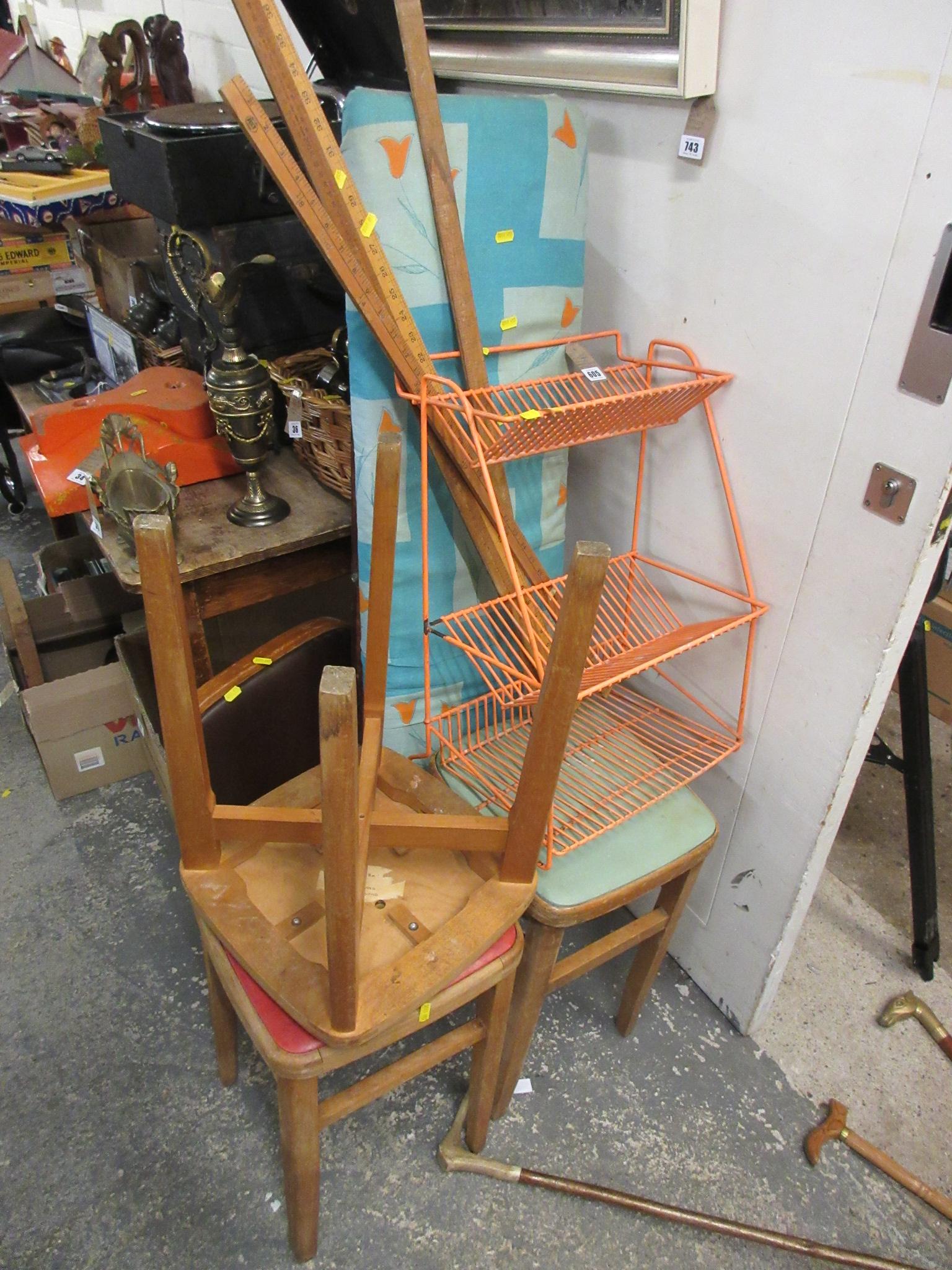 VINTAGE IRONING BOARD WITH RACK WOODEN RULERS AND FOUR STOOLS Image
