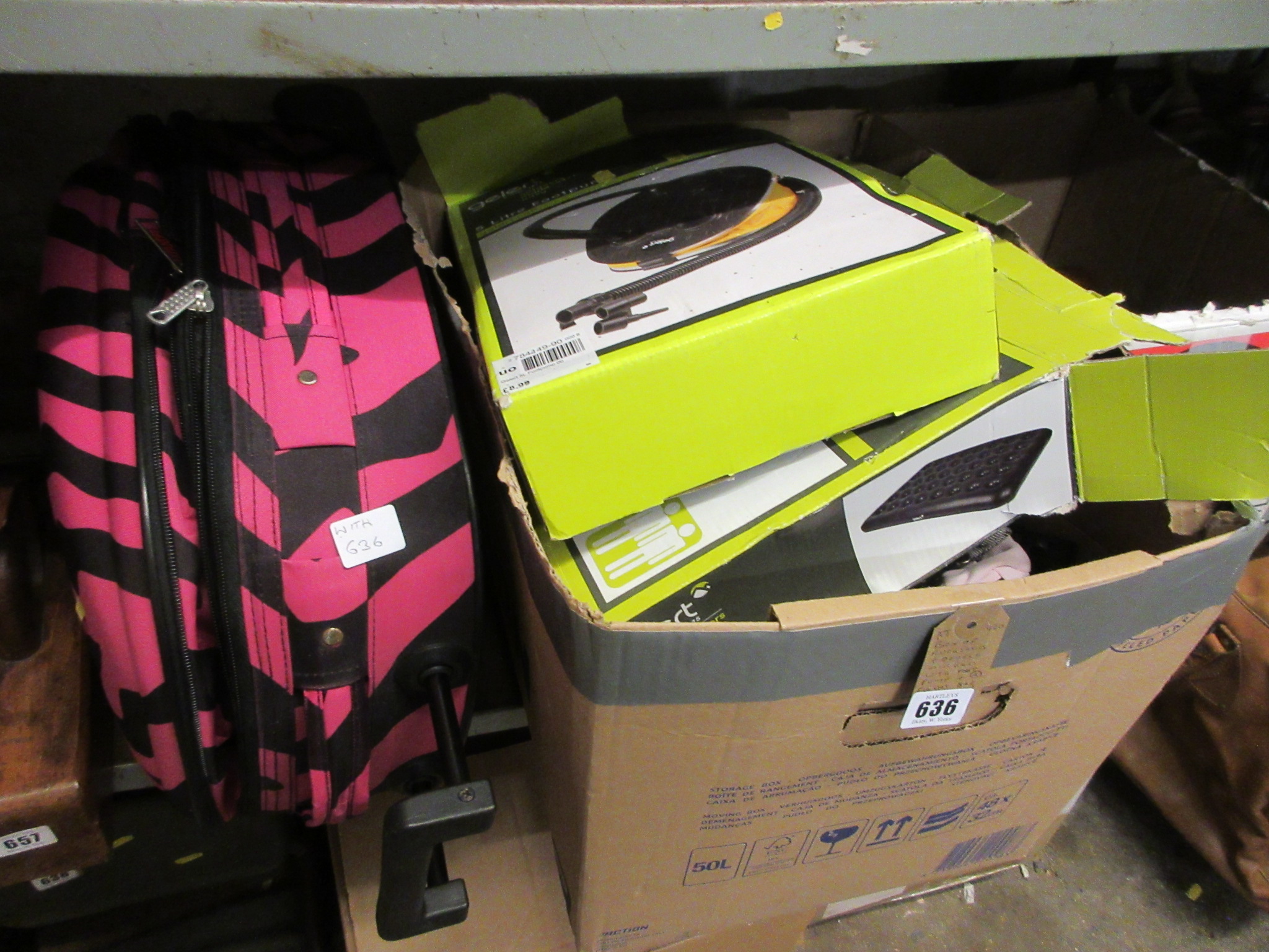 BOX OF RUCKSACKS AND DOUBLE AIRBED WITH FOOTPUMP AND A LIGHT BAG Image