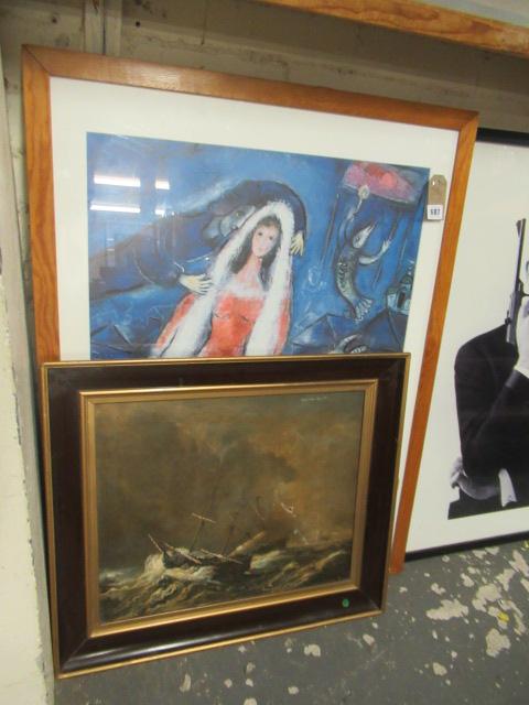 LARGE CHAGALL PRINT AND AN OIL PAINTING Image