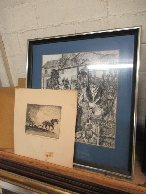 MARKET SCENE PICTURE AND A PLOUGHING SCENE ETCHING Image