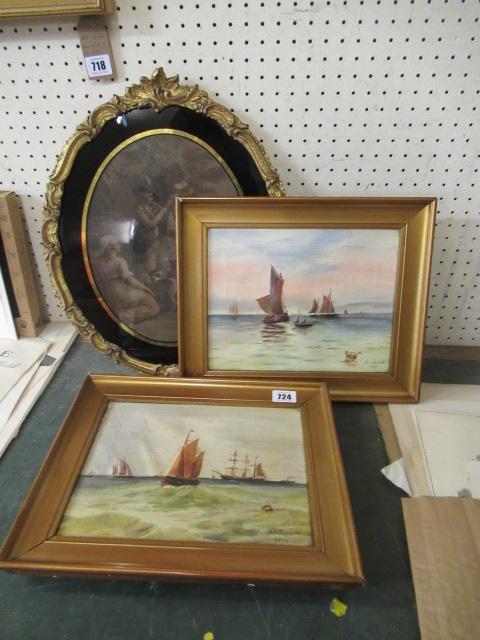 TWO SMALL BOAT PAINTINGS SIGNED A H BARRATT 1921 AND AN OVAL PICTURE Image