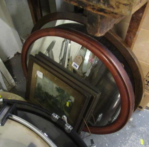 THREE OVAL MIRRORS AND TWO GILT FRAMED PICTURES Image