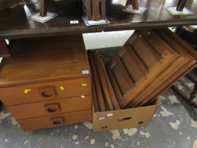 THREE DRAWER CABINET AND BOX OF TABLE TOPS AND LEGS Image