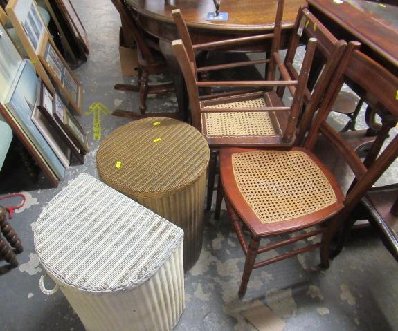 THREE RATTAN SEATED BEDROOM CHAIRS WITH TWO LLOYD LOOM BASKETS Image
