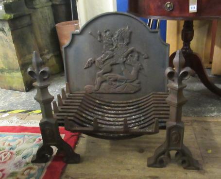 TWO FIRE DOGS, BACK PLATE DEPICTING ST GEORGE  AND A FIRE GRATE Image