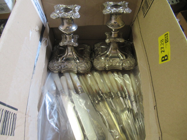 BOX OF CUTLERY AND TWO CANDLESTICKS Image
