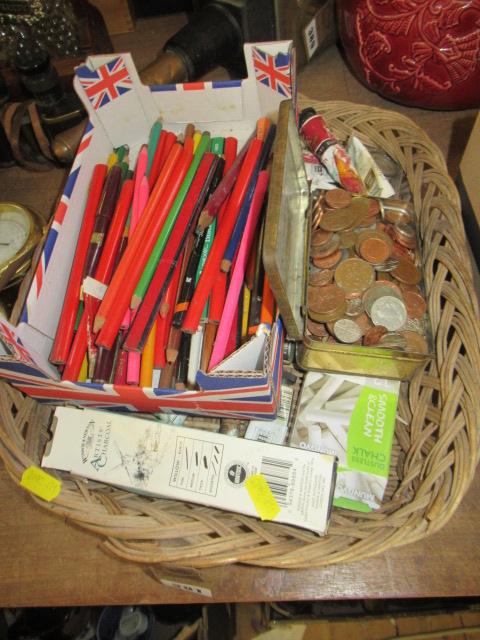 ARTISTS PAINTS PENCILS AND A TIN OF COINS Image