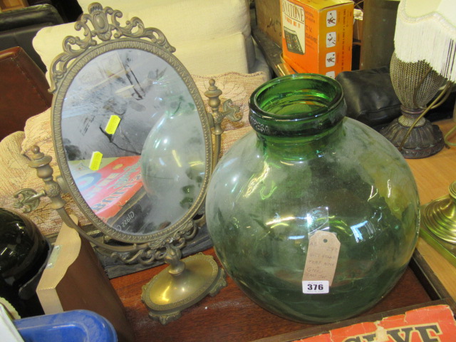 GILT FRAMED TABLE MIRROR AND GREEN GLASS JAR Image