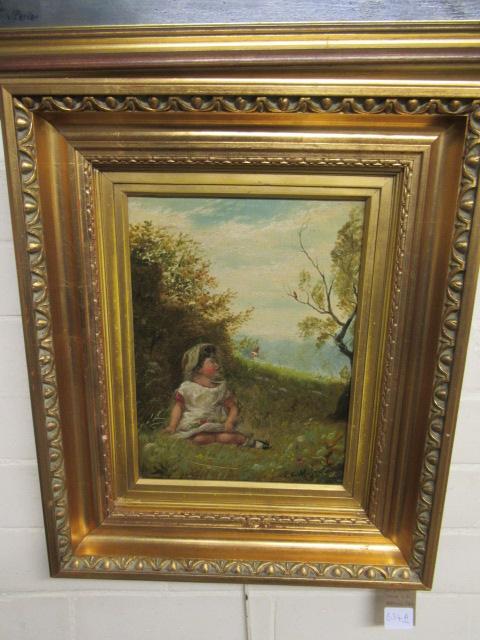 GILT FRAMED OIL OF GIRLS IN A MEADOW SIGNED CL MAYNE 1884 Image