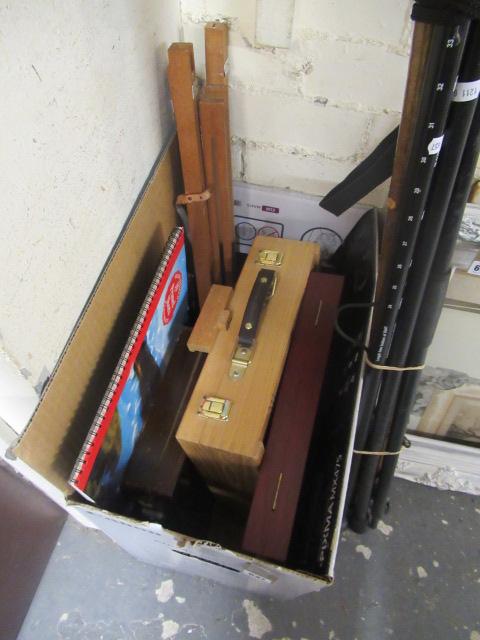 BOX OF ARTISTS PAINTS EASEL AND OTHER EQUIPMENT Image
