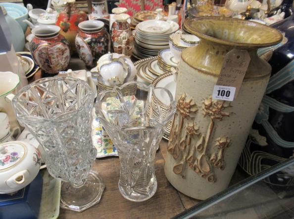 POTTERY VASE AND TWO CUT GLASS VASES Image
