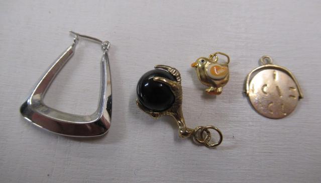 THREE 9CT GOLD CHARMS WITH 9CT GOLD EARRING Image