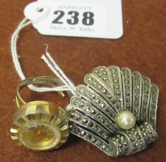 MARCASITE SHELL BROOCH AND LADIES WATCH RING Image