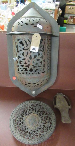GERMAN FRETWORK IRON BOWL  STIRRUP AND MOROCCAN WALL LIGHT Image