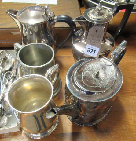 TWO TANKARDS AND THREE EPNS JUGS Image