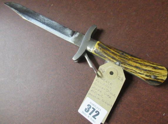 VINTAGE FOLDING BOWIE STYLE KNIFE WITH ANTLER HANDLE SCALES Image