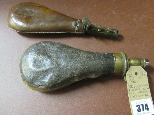 19TH CENTURY STEEL BODIED FLASK WITH LEATHER SHOT FLASK Image