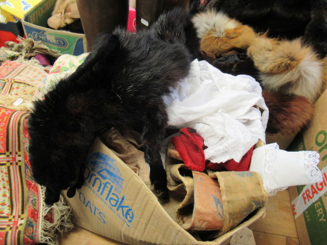 BOX OF MATERIALS AND FUR STOLE Image
