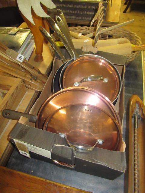 BOX OF COPPER PANS AND LIDS Image