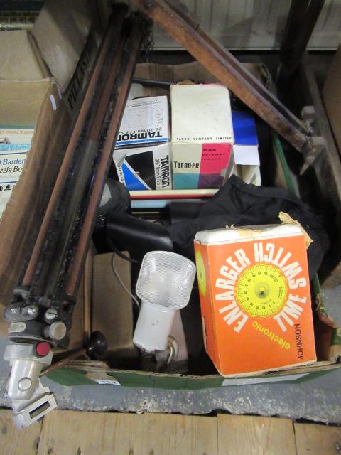 BOX OF PHOTOGRAPHIC EQUIPMENT INCLUDING TRIPOD Image