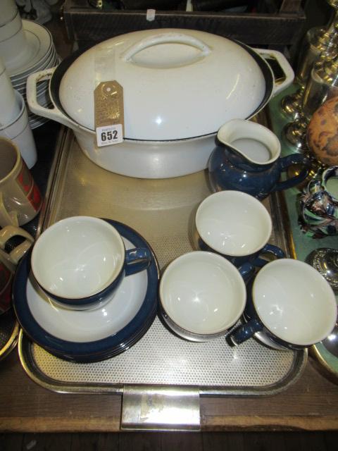 FOUR DENBY CUPS AND SAUCERS  CASSEROLE DISH AND A JUG Image