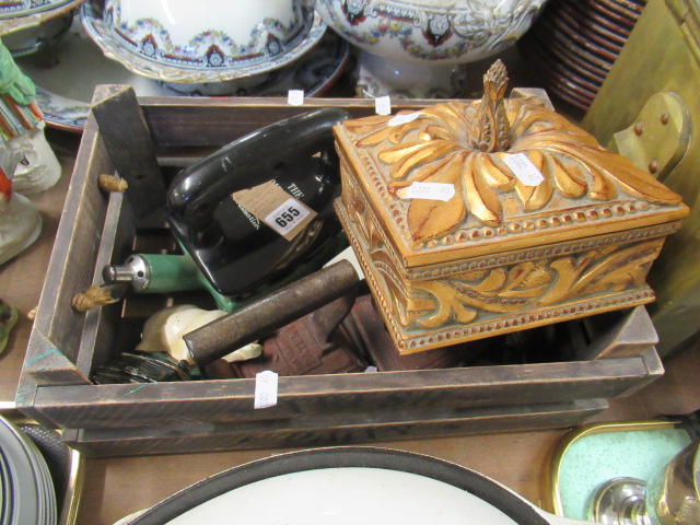 VINTAGE CRATE WITH IRONS AND DOOR STOPS ETC Image