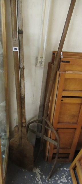 WOODEN PADDLE  RAKE AND ANTIQUE BAMBOO PUNTING POLE Image