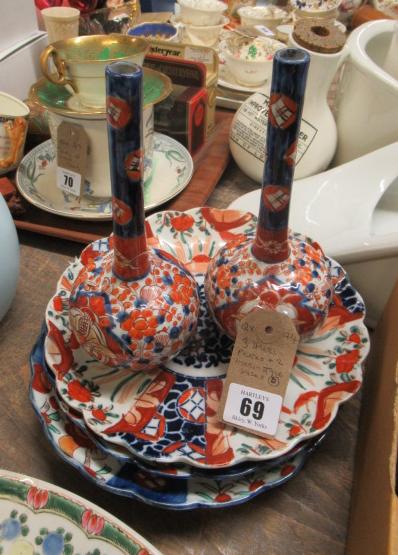 THREE IMARI PLATES AND TWO IMARI STYLE VASES Image