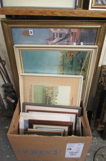 TWO FRAMED PRINTS AND A BOX OF PICTURES Image