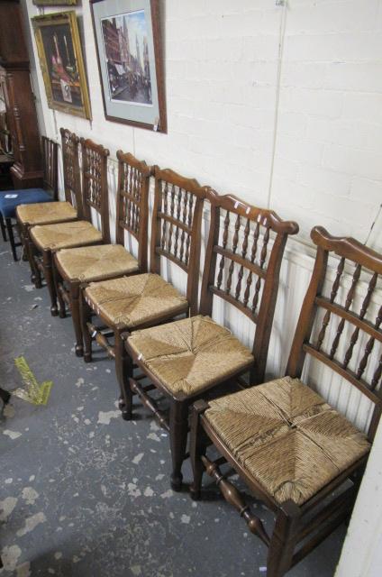 SET OF SIX OAK RUSH SEATED DINING CHAIRS Image