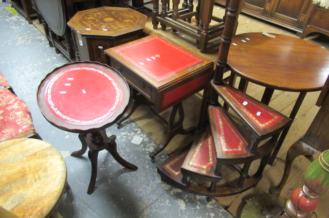 RED LEATHER TOPPED LIBRARY STEPS AND TWO TABLES Image