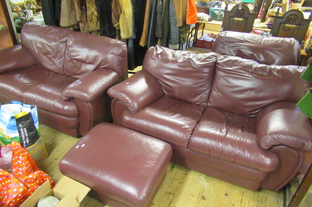 TWO LEATHER SETTEES WITH MATCHING CHAIR AND FOOTSTOOL Image