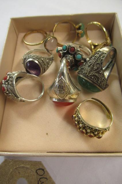 NINE ASSORTED CHINESE HARDSTONE  SILVER SET AND OTHER RINGS Image
