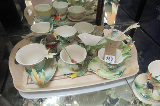 COLLECTION OF FRANZ PORCELAIN BIRD CUPS  SAUCERS AND SPOONS Image