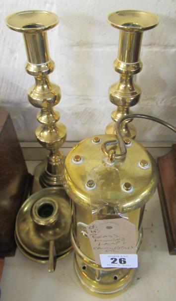 BRASS MINERS LAMP AND CANDLESTICKS ETC Image