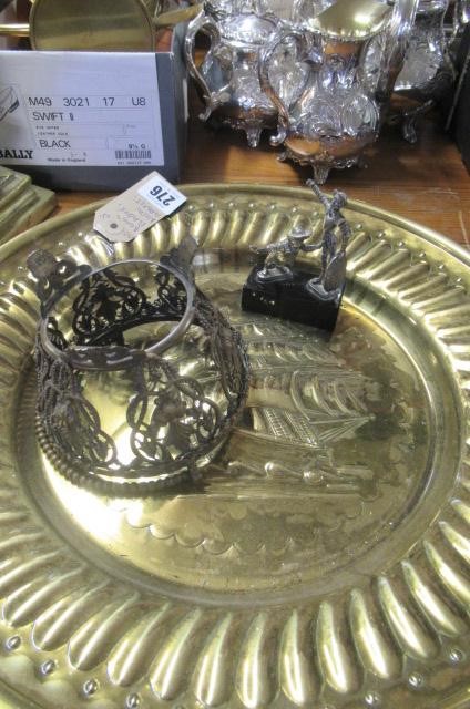 BRASS PLAQUE  METAL BASKET AND DON QUIXOTE FIGURE Image