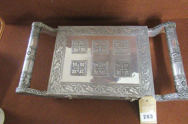 WHITE METAL COVERED CARD BOX WITH HANDLES Image