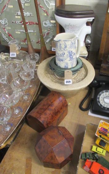 TWO WOODEN BOXES AND CERAMICS MINIATURE CHAIRS AND TOILET Image