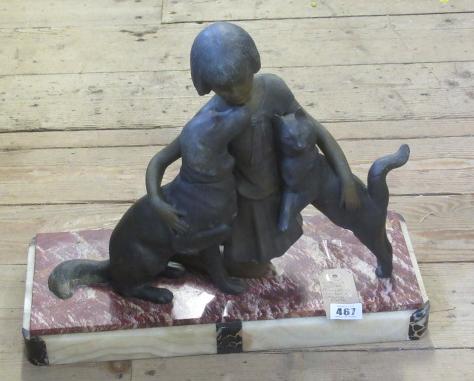 METAL FIGURE ON MARBLE AND ALABASTER PLINTH Image