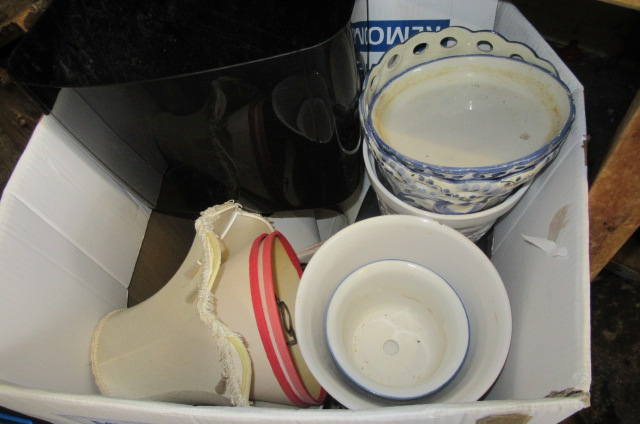 BOX OF MISCELLANEOUS INCLUDING LAMP SHADES  PAPER SHREDDER  ETC Image